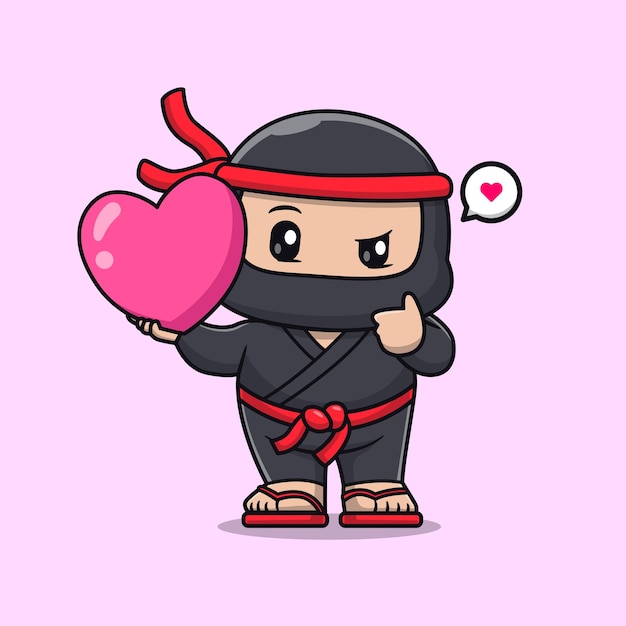 Free vector cute ninja holding love heart balloon cartoon vector icon illustration people holiday isolated flat