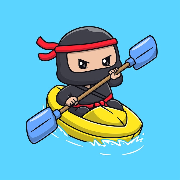 Free Vector cute ninja riding boat rafting cartoon vector icon illustration people holiday icon isolated flat