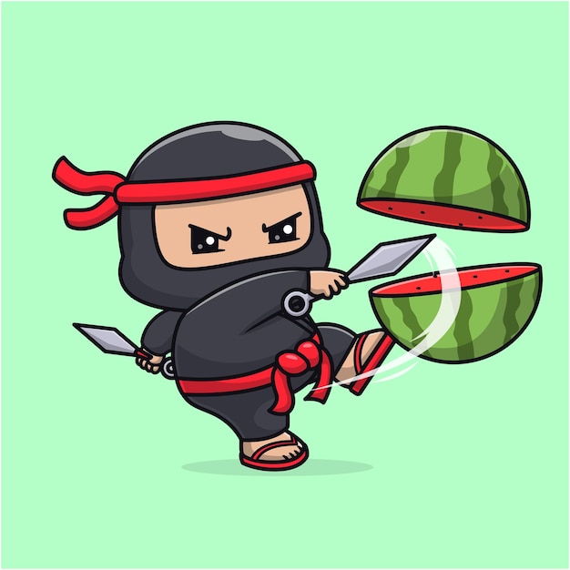 Cute Ninja Slash Watermelon With Kunai Knife Cartoon Vector Icon Illustration People Food Isolated