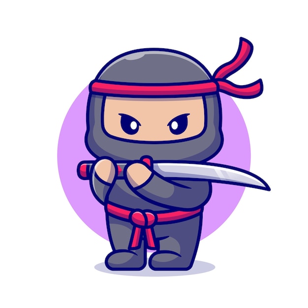 Free Vector cute ninja with sword cartoon. flat cartoon style