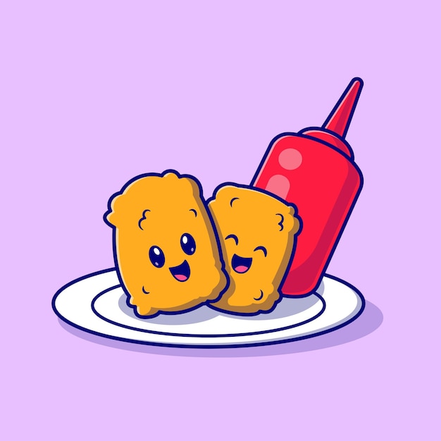 Cute Nuggets Smile With Sauce Cartoon Vector Icon Illustration Food Object  Icon Flat Cartoon Style