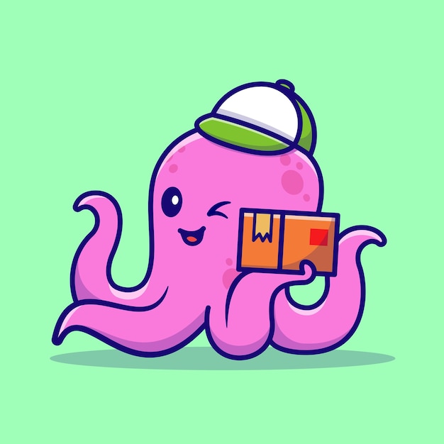 Cute Octopus Courier Holding Package Box Cartoon Vector Icon Illustration. Animal Business Icon Concept Isolated Premium Vector. Flat Cartoon Style