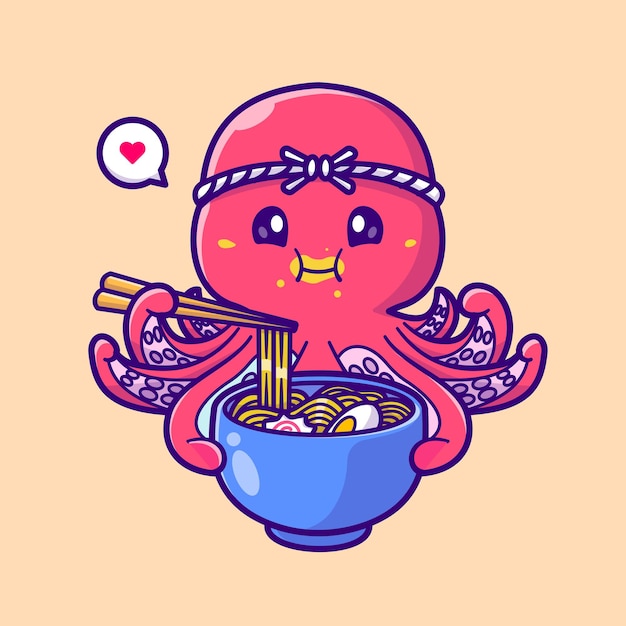 Free Vector cute octopus eating ramen noodle cartoon vector icon illustration. animal food icon concept isolated