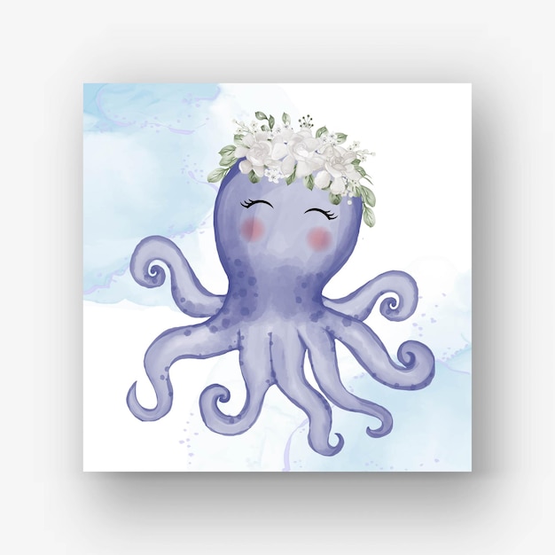 Cute octopus with flower white watercolor illustration