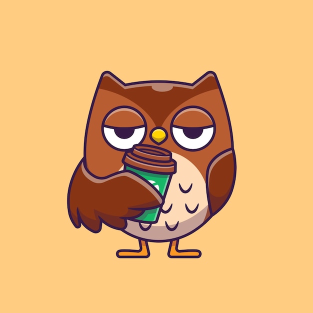 Cute Owl Holding Coffee Cartoon Icon Illustration.