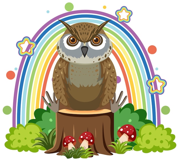 Free Vector cute owl on stump in flat cartoon style