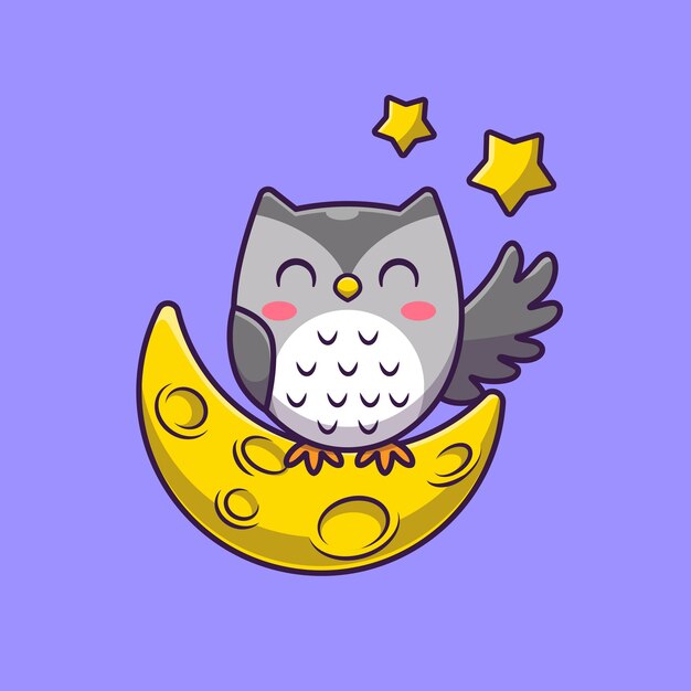 Cute Owl With Moon And Stars Cartoon Icon Illustration.