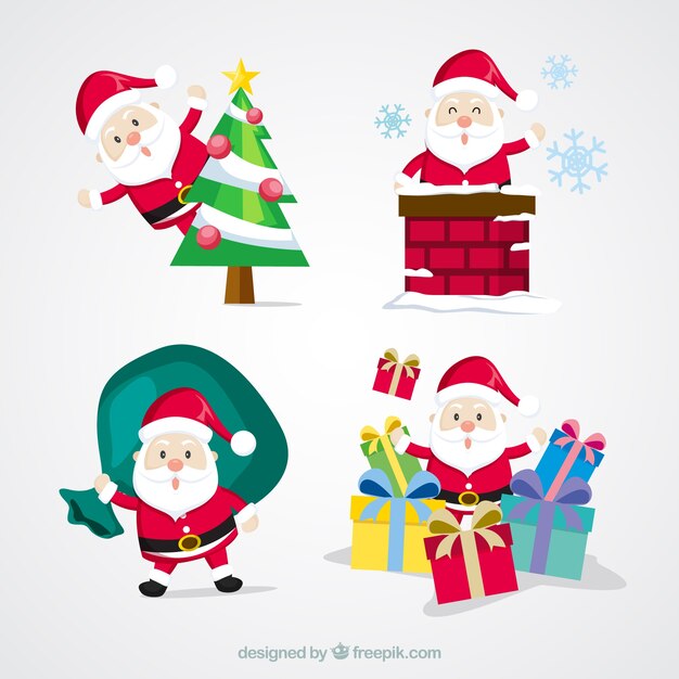 Free Vector cute pack of santa claus with christmas objects