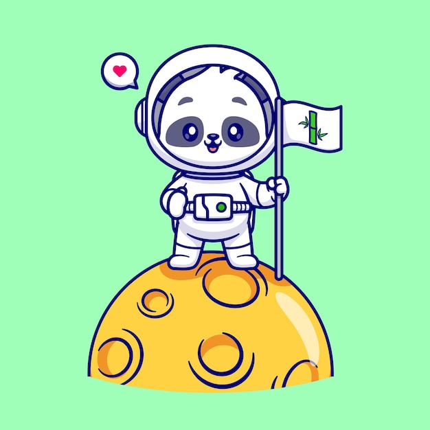 Cute Panda Astronaut Holding Flag Bamboo On Moon Cartoon Vector Icon Illustration. Animal Science