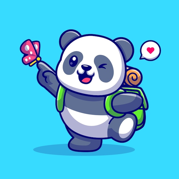 Cute Panda Backpacker Playing With Butterfly Cartoon Vector Icon Illustration Animal Nature Icon