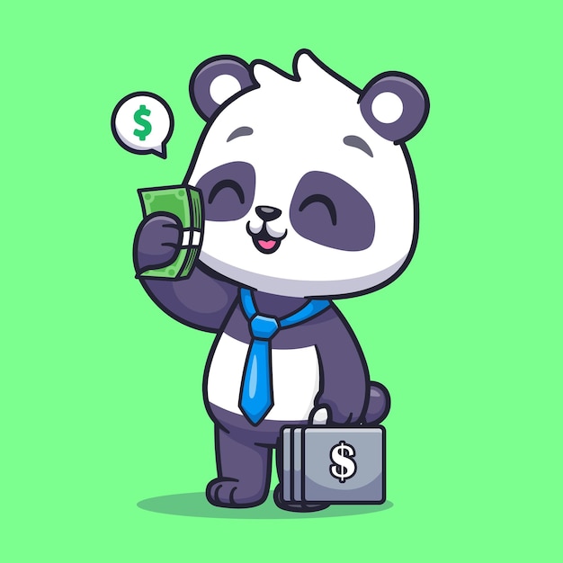 Cute Panda Business Holding Money And Suitcase Cartoon Vector Icon Illustration Animal Business