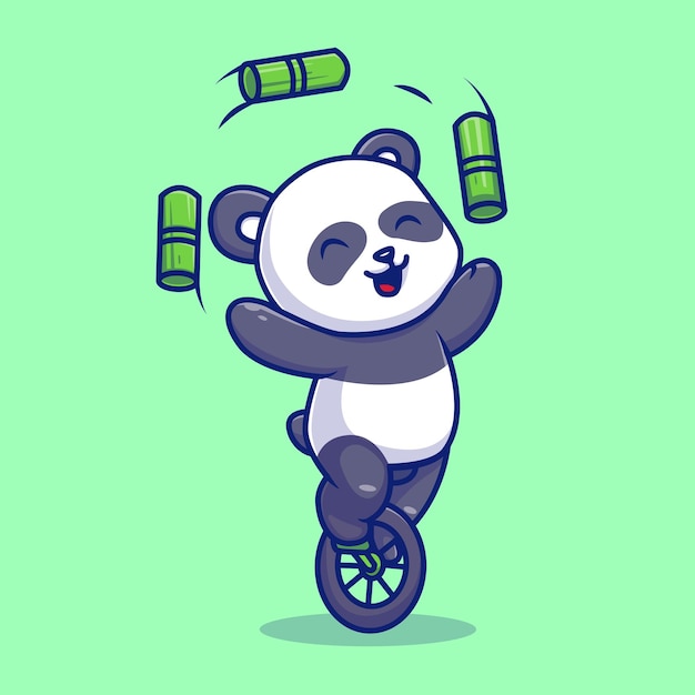 Cute Panda Circus Playing Bamboo With Unicycle Cartoon Vector Icon Illustration. Animal Nature Icon