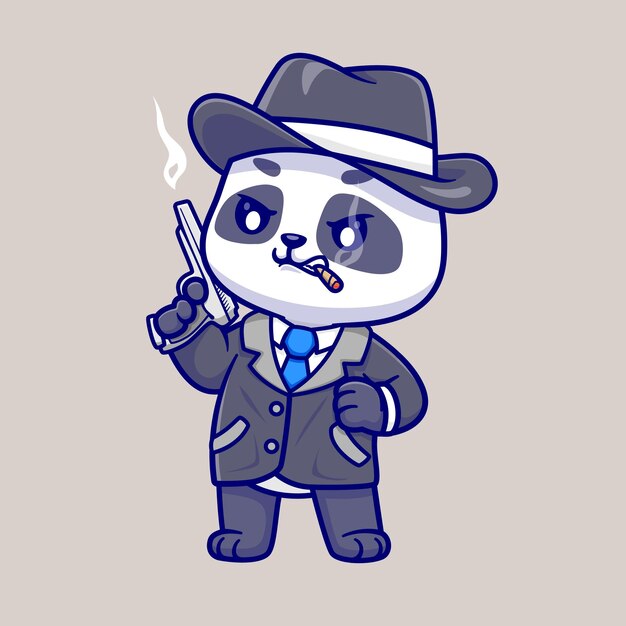 Cute Panda Detective Holding Gun Cartoon Vector Icon Illustration. Animal Holiday Icon Isolated Flat