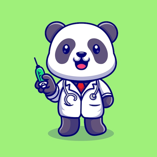 Cute Panda Doctor With Syringe Cartoon Vector Icon Illustration. Animal Health Icon Concept Isolated Premium Vector. Flat Cartoon Style