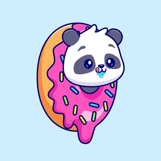 Cute Panda In The Donut Cartoon Vector Icon Illustration. Animal Food Icon Concept Isolated Flat