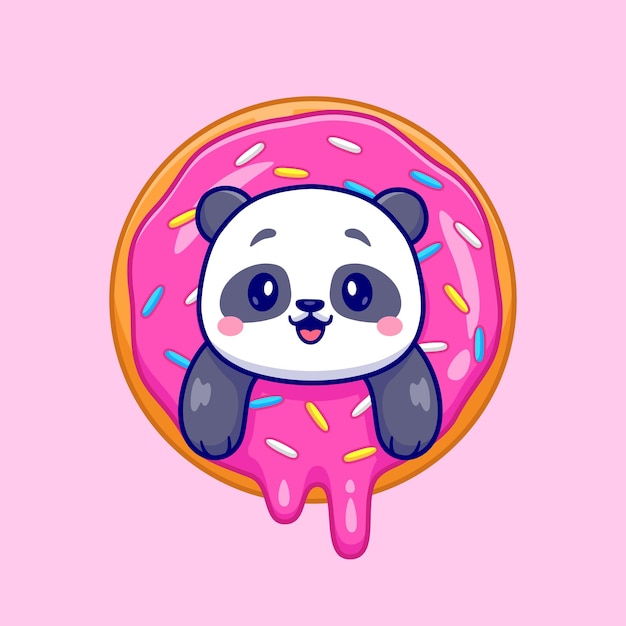 Cute Panda In Doughnut Cartoon Vector Icon Illustration. Animal Food Icon Concept Isolated Premium Vector. Flat Cartoon Style