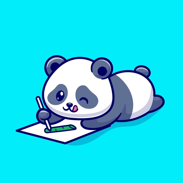 Cute Panda Drawing Bamboo On Paper Cartoon Vector Icon Illustration Animal Education Icon Isolated