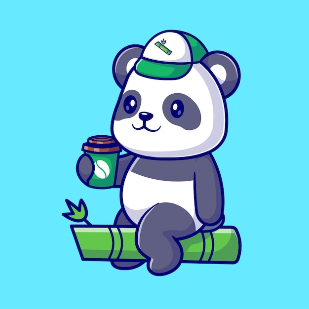 Free Vector cute panda drinking coffee on bamboo tree cartoon vector icon illustration. animal drink isolated