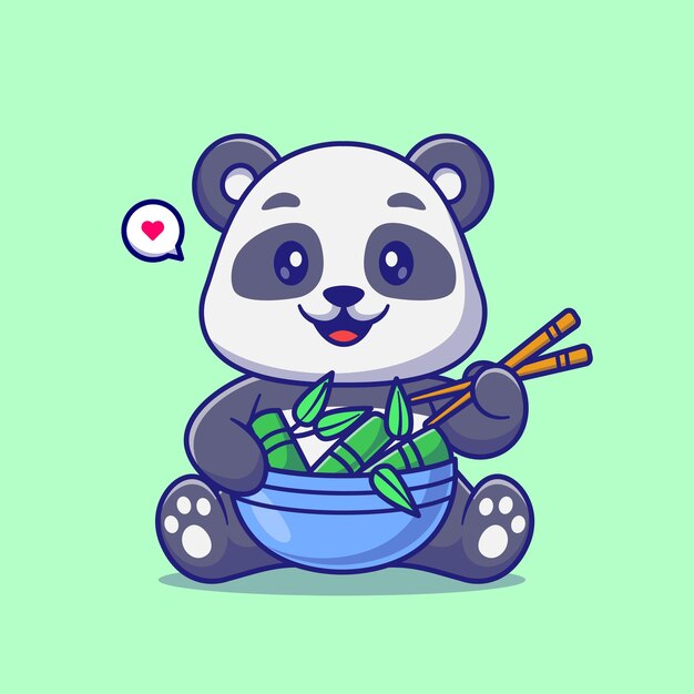 Cute Panda Eating Bamboo with Chopsticks Cartoon Vector Icon Illustration Animal Nature Isolated