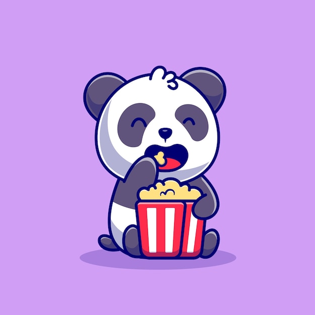 Cute Panda Eating Popcorn Cartoon   Icon Illustration. Animal Food Icon Concept Isolated    . Flat Cartoon Style