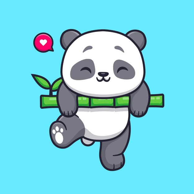 Cute Panda Hanging On Bamboo Cartoon Vector Icon Illustration. Animal Nature Icon Concept Isolated