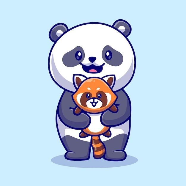 Cute Panda Holding Baby Red Panda Cartoon Vector Icon Illustration. Animal Nature Icon Isolated Flat