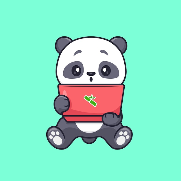 Free vector cute panda playing laptop cartoon vector icon illustration animal technology icon concept isolated