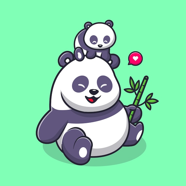 Free Vector cute panda playing with baby panda and holding bamboo cartoon vector icon illustration animal flat