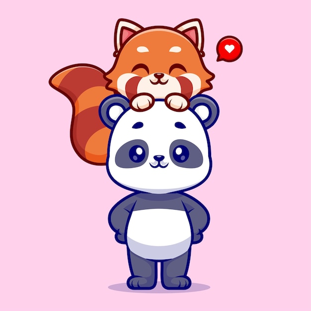 Free Vector cute panda playing with red panda cartoon vector icon illustration animal nature icon isolated flat