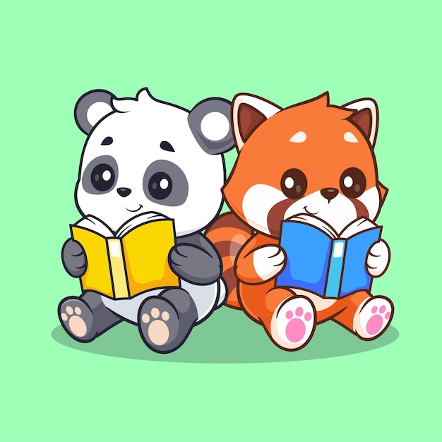 Cute Panda And Red Panda Reading Book Cartoon Vector Icon Illustration Animal Education Isolated