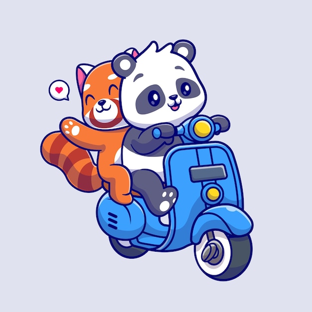 Free Vector cute panda and red panda riding scooter cartoon vector icon illustration. animal transportation flat