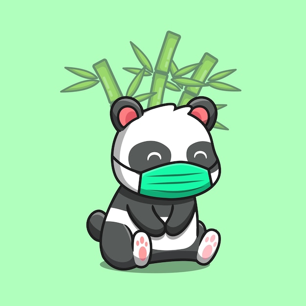 Cute Panda Sitting And Wearing Mask With Bamboo Cartoon Vector  Illustration. Animal Nature  Concept Isolated Premium Vector. Flat Cartoon Style