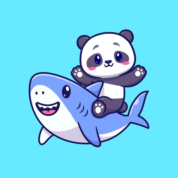 Cute Panda With Cute Shark Cartoon Vector Icon Illustration. Animal Nature Icon Concept Isolated Premium Vector. Flat Cartoon Style