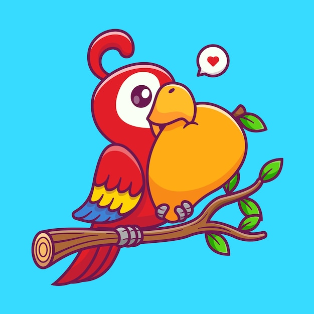 Cute Parrot Bird Eating Mango On Branch Cartoon Vector Icon Illustration Animal Nature Icon Concept