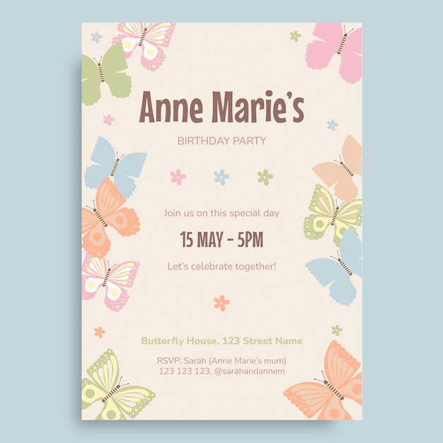 Cute pastel butterfly invitation template