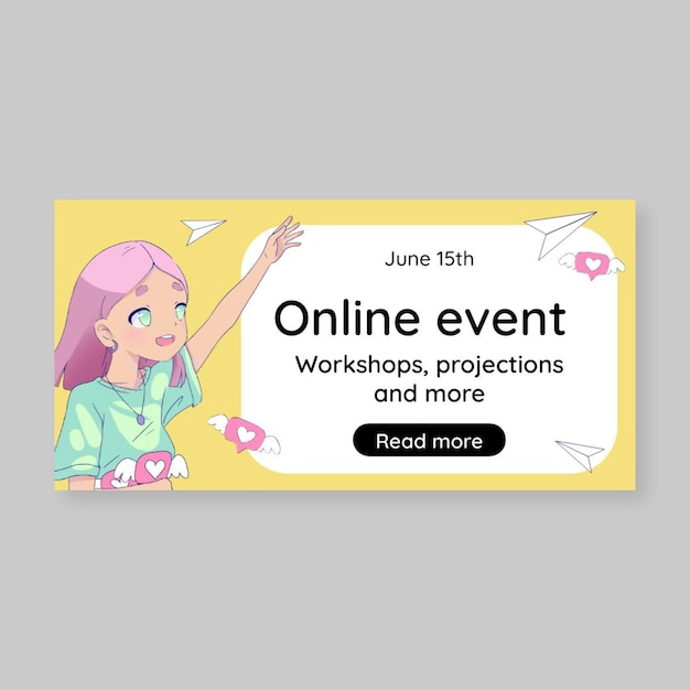 Cute pastel pink hair girl anime style rectangle banner template