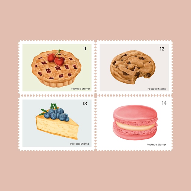 Free Vector cute pastry and sweets on postage stamps set