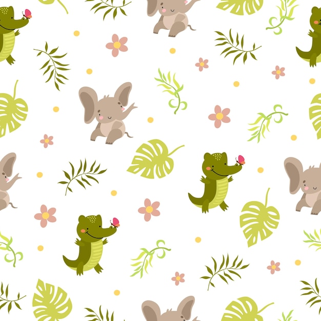 Free Vector cute pattern with elephant and crocodile