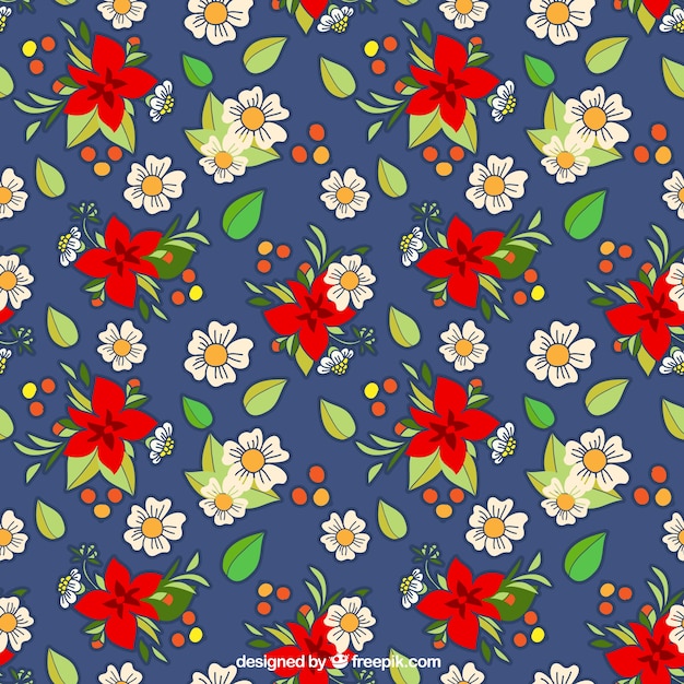 Cute pattern with white and red flowers