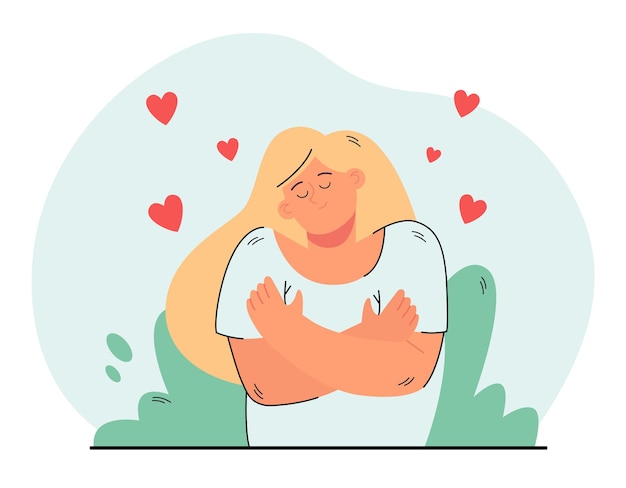 Free Vector cute peaceful woman hugging her shoulders flat illustration