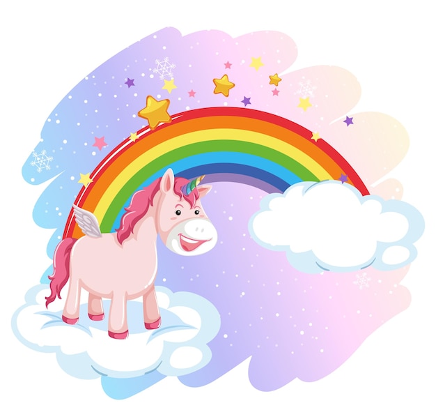 Cute pegasus in the pastel sky with rainbow