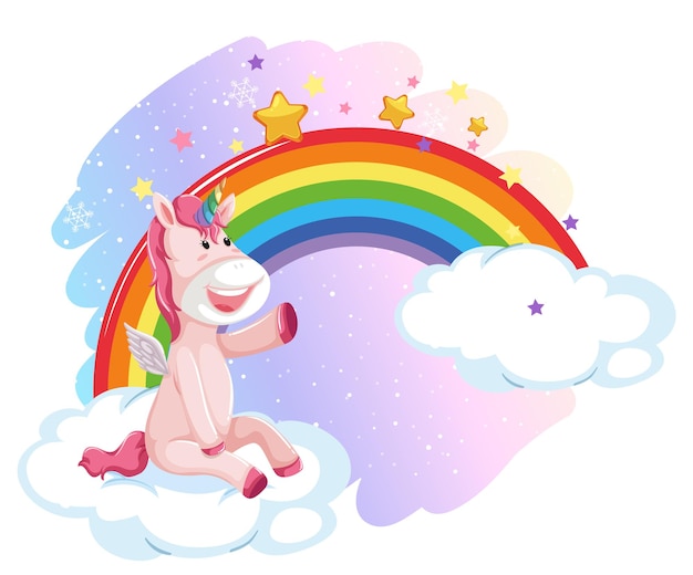 Cute pegasus in the pastel sky with rainbow