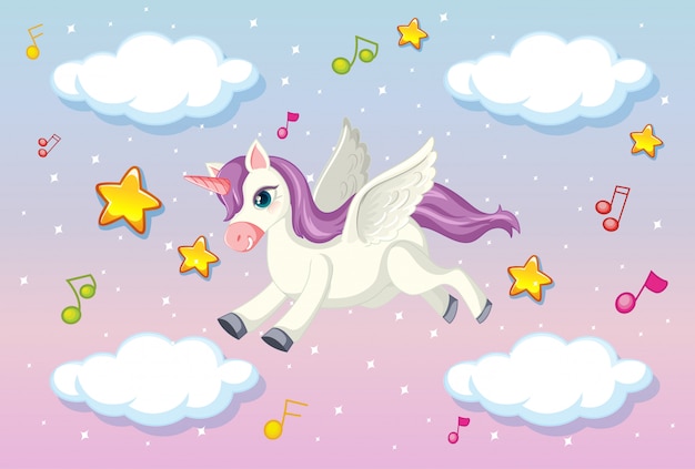 Cute pegasus with purple mane flying in the pastel sky