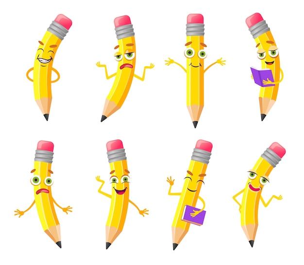 Free vector cute pencil cartoon character illustrations set