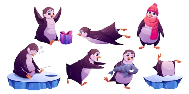 Free Vector cute penguin in different poses in winter