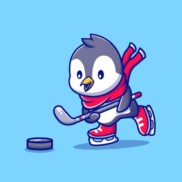 Free Vector cute penguin playing hockey cartoon character. animal sport isolated.