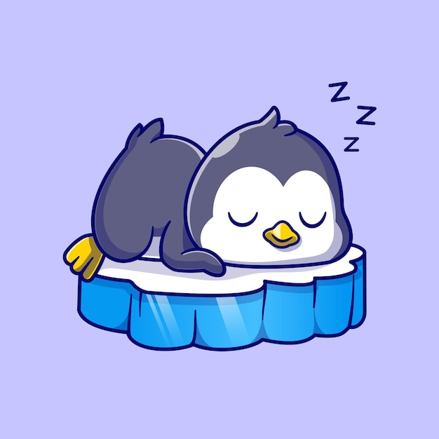 Cute Penguin Sleeping On Ice Cartoon Vector Icon Illustration. Animal Nature Icon Concept Isolated