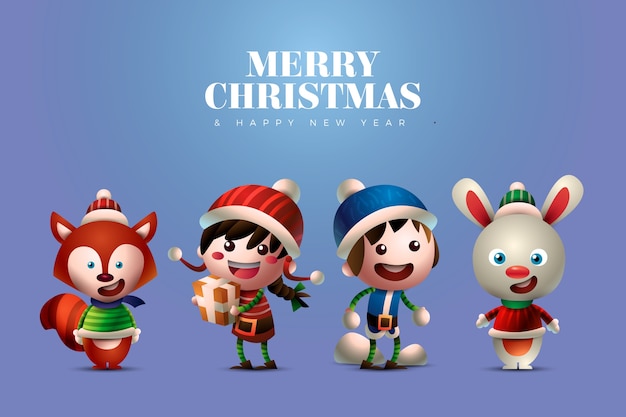 Cute people and animals christmas characters