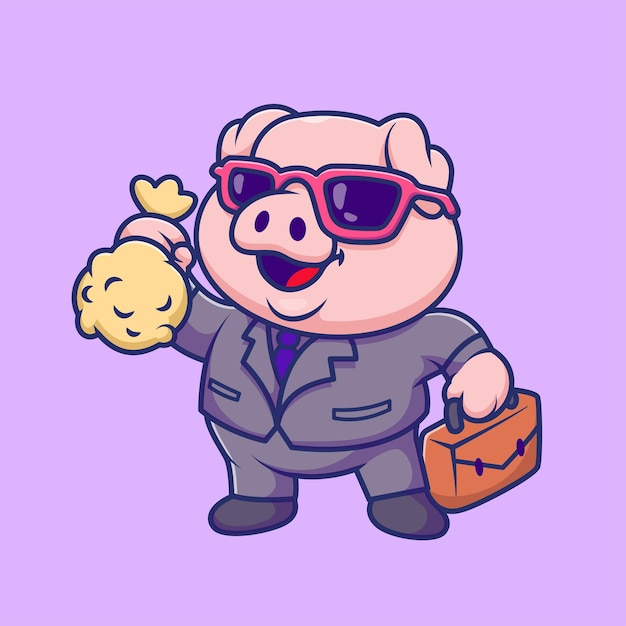 Free Vector cute pig businessman holding money bag and suitcase cartoon vector icon illustration animal finance