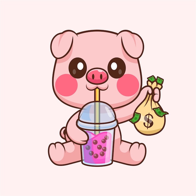 Free Vector cute pig drinking boba milk tea with money bag cartoon vector icon illustration animal drink flat